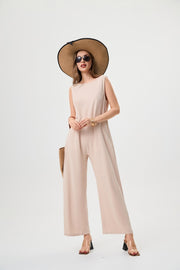 Women's Linen Jumpsuit - Comfortable And Breathable, Elastic Back With Classic H-Line Design And Pockets, Available In Black Apricot And Orange Red