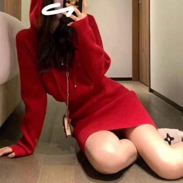 Red Hooded Knitted Dress