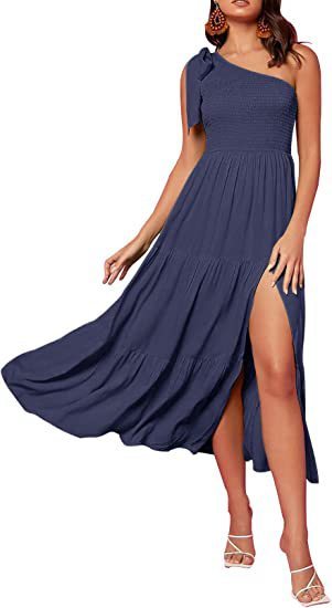 One-Shoulder Pleated Split Dress Navy Blue Bags & Shoes