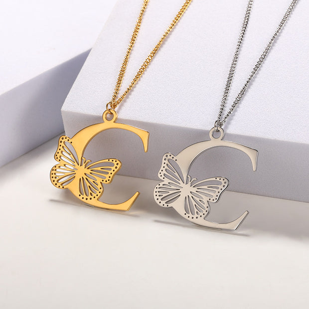 Butterfly Initial Pendant Necklace C Jewelry & Watches