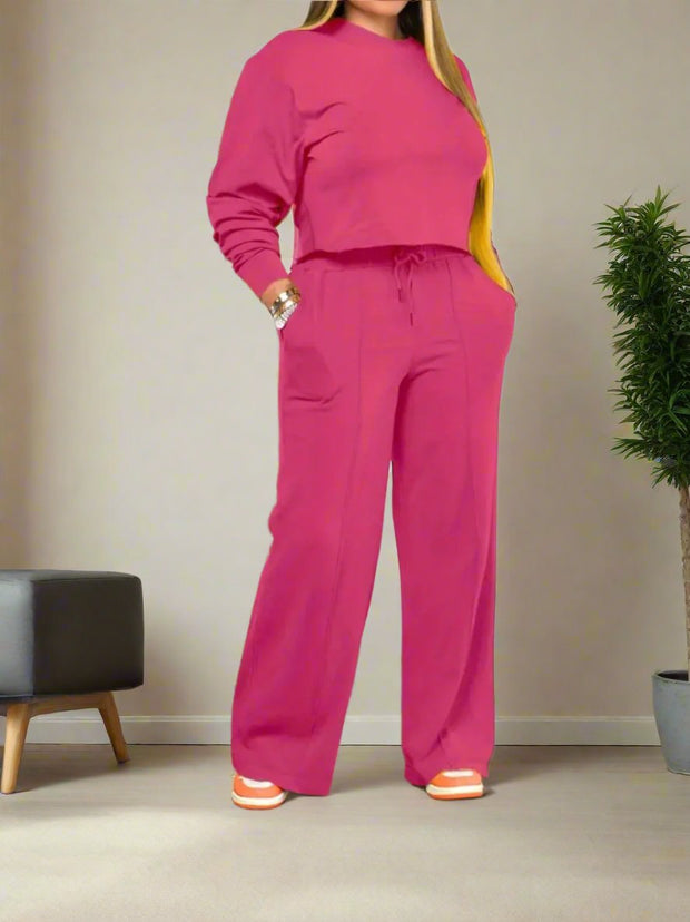 Women's long sleeve pants suit with elastic waist, available in vibrant colors, perfect for commuting or casual outings.