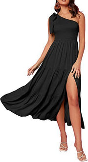 One-Shoulder Pleated Split Dress - Modiniva LLC