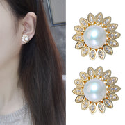 Gold Metal Pearl Sunflower Earrings Jewelry & Watches