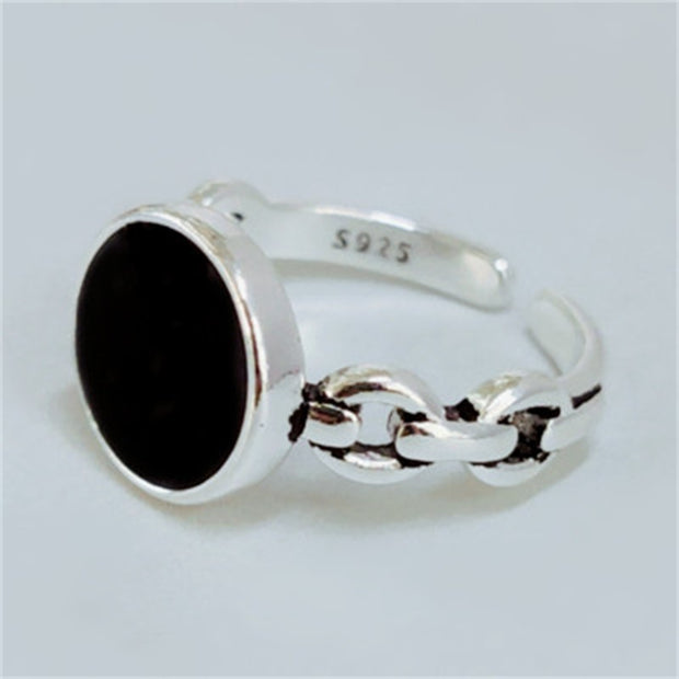 S925 Silver Black Dot Distressed Chain Ring