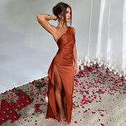 Elegant One-shoulder Backless Slit Summer Dress Brown Women clothing