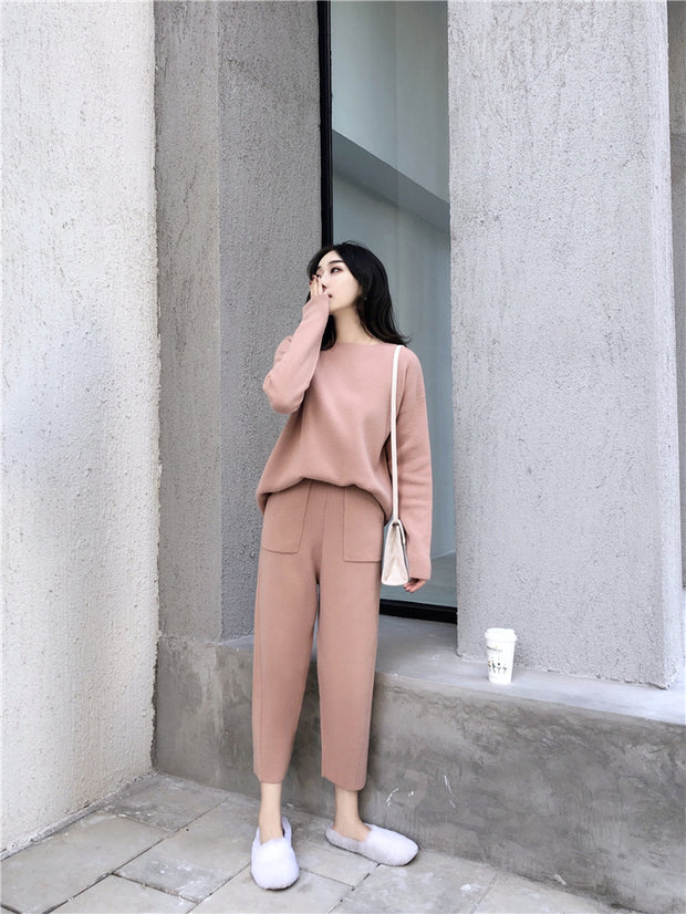 Thin Casual Knit Pants Suit