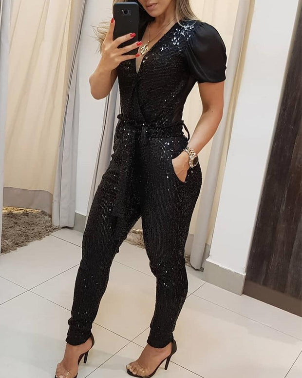 Deep V sequined jumpsuit