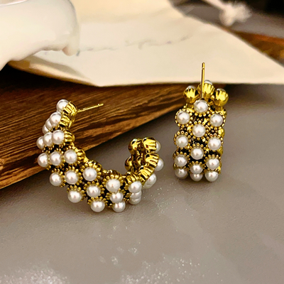 Vintage Gold & Silver Pearl-Inlay Stylish Earrings - Modiniva LLC