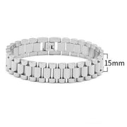 Elegant titanium steel bracelet with electroplated finish, available in golden and steel colors, multiple widths, and sizes for unisex wear.