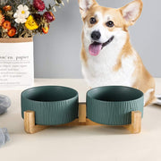 Green Ceramic Pet Bowls with Bamboo Stand (2 Bowls)