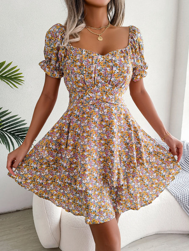 Floral High-Waist Swing Dress Yellow Women's Clothing