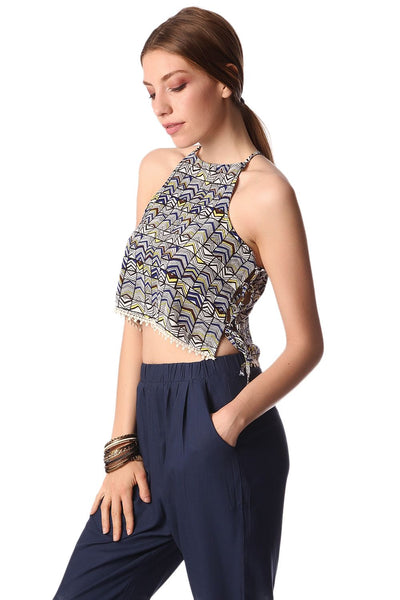 Blue Printed Crop Top - Modiniva LLC