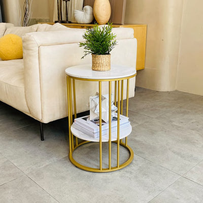 Round Accent Marble Side Table with Gold Frame