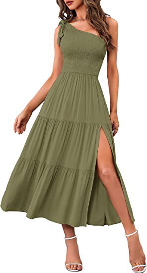 One-Shoulder Pleated Split Dress Green Bags & Shoes