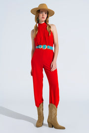 Red Jumpsuit With Crossed Halter Neckline - Modiniva LLC