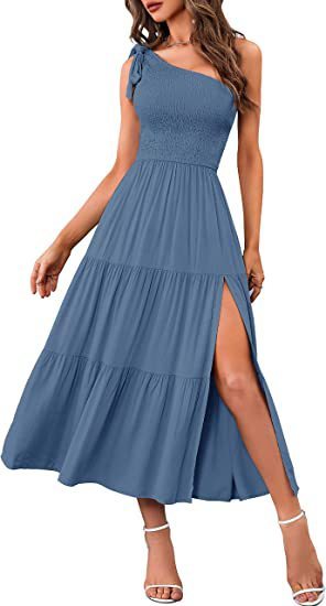 One-Shoulder Pleated Split Dress Denim blue Bags & Shoes