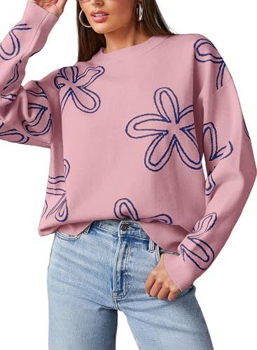 Women's casual crew neck long sleeve floral print coarse knit pullover sweater top - Modiniva LLC