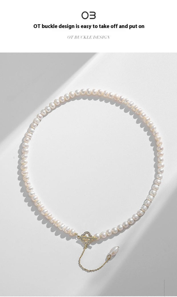 Champagne gold womens necklace with a flower-inspired alloy pendant and ball bead chain, designed in Korean style with fresh water pearl elements.