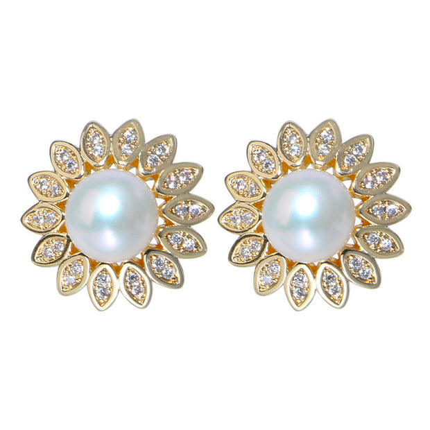 Gold Metal Pearl Sunflower Earrings Jewelry & Watches