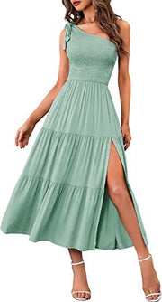 One-Shoulder Pleated Split Dress Light Green Bags & Shoes