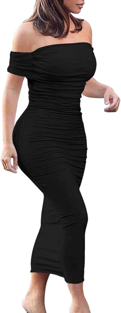 Cocktail Party Off-Shoulder Rushed Bodycon Midi Dress - Modiniva LLC