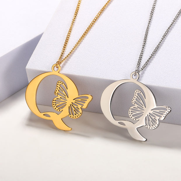 Butterfly Initial Pendant Necklace Q Jewelry & Watches