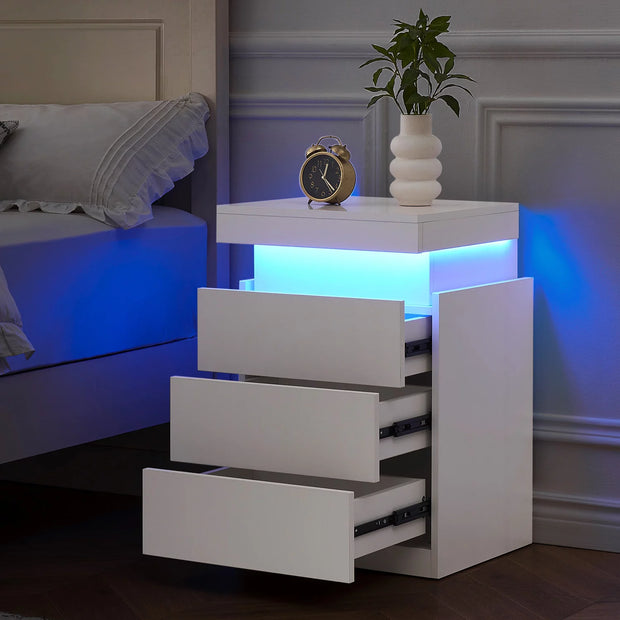 LED Nightstand with 3 Drawers , White Nightstand Bedside Bed - Modiniva LLC