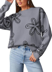 Women's casual crew neck long sleeve floral print coarse knit pullover sweater top - Modiniva LLC