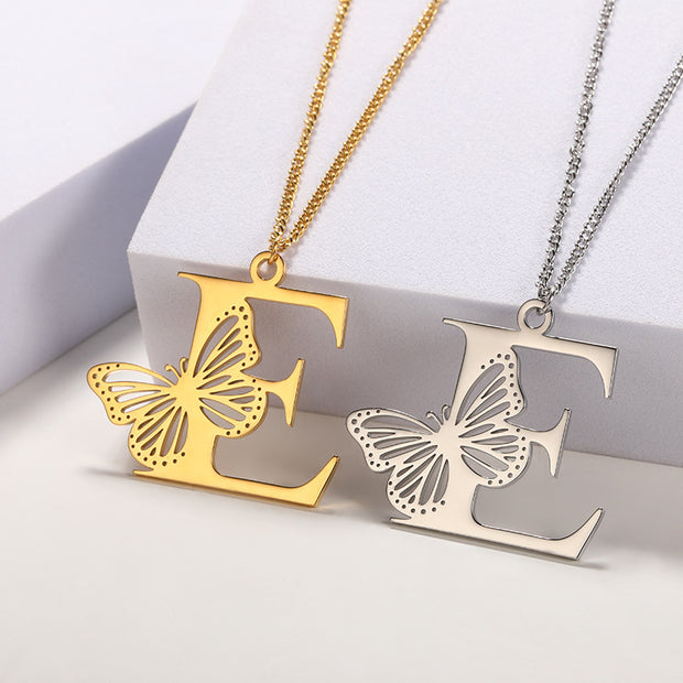 Butterfly Initial Pendant Necklace E Jewelry & Watches