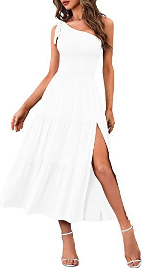 One-Shoulder Pleated Split Dress White Bags & Shoes