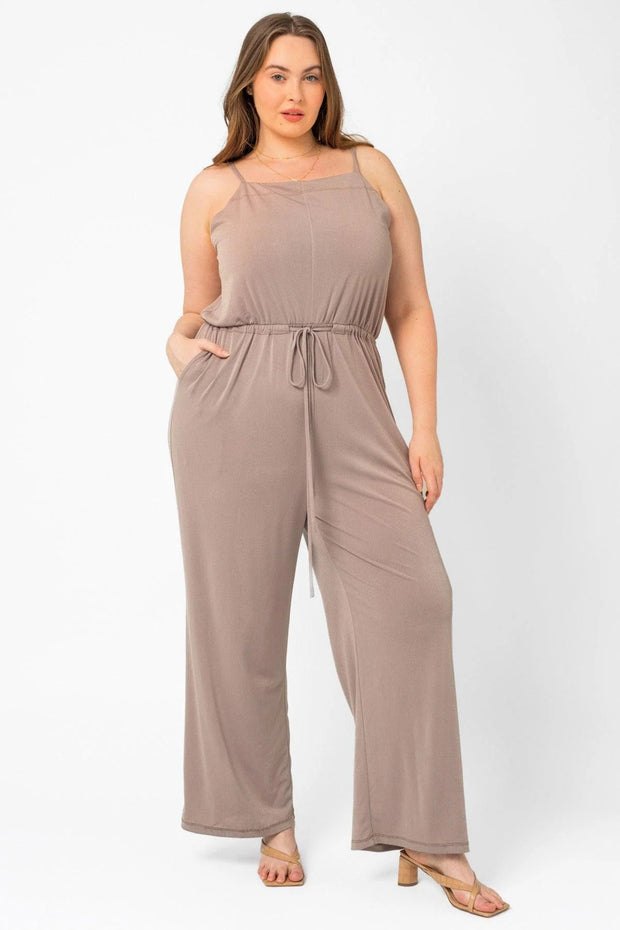 Plus Size Sleeveless Belted Drawstring Waist Jumpsuit Stone