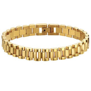 Elegant titanium steel bracelet with electroplated finish, available in golden and steel colors, multiple widths, and sizes for unisex wear.