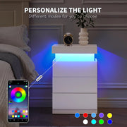 LED Nightstand with 3 Drawers , White Nightstand Bedside Bed