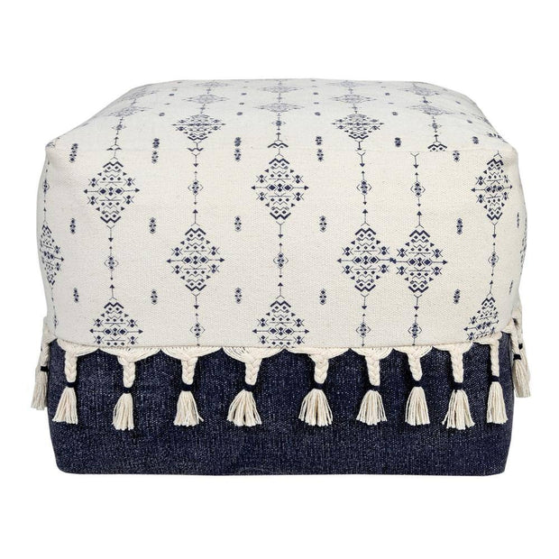 Nordic Navy Blue/Ivory Ornamental Pouf Ottoman - Modiniva LLC