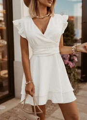 Fashion Casual V-neck Mid-waist Tie Bow Short-sleeved Dress White Bags & Shoes