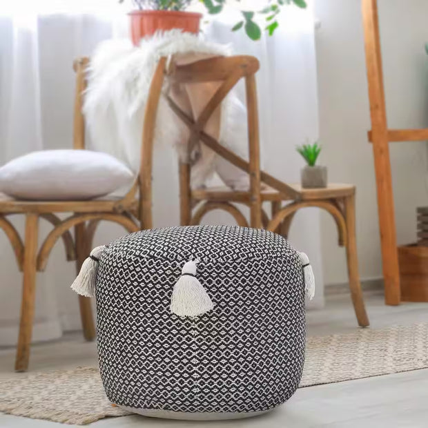 Handcrafted Geometric Ottoman Pouf with Tassels