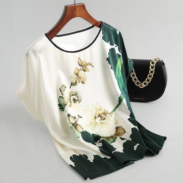 Luxurious Comfort The Floral Dream Silk Satin Batwing Blouse - Modiniva LLC