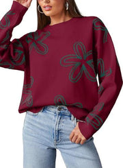 Women's casual crew neck long sleeve floral print coarse knit pullover sweater top - Modiniva LLC