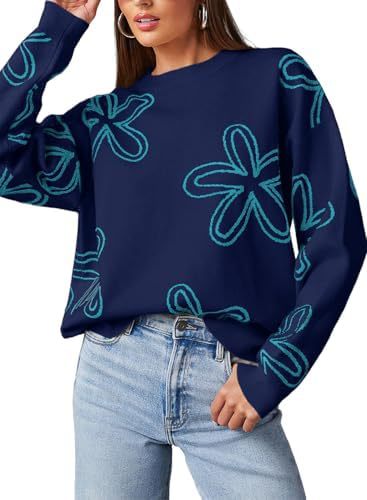 Women's casual crew neck long sleeve floral print coarse knit pullover sweater top - Modiniva LLC