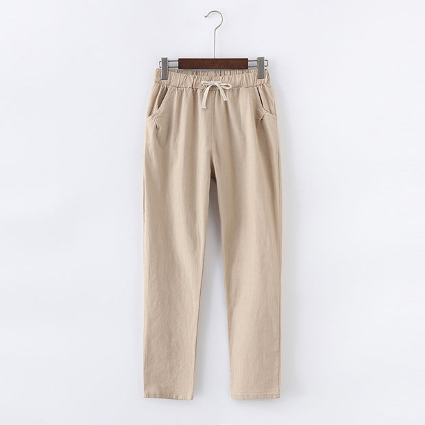 Stylish women linen pants made from a hemp-linen blend, featuring a cropped fit, breathable fabric, and soft cotton lining for ultimate comfort.