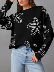 Women's casual crew neck long sleeve floral print coarse knit pullover sweater top - Modiniva LLC