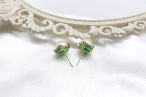 Antique Pearl Stud Earrings Silver Green Jewelry & Watches