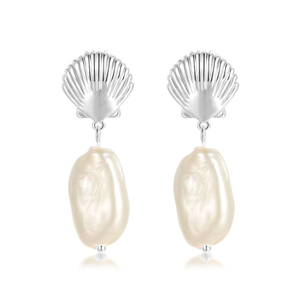 Shell Accent Baroque Pearl 18K Metallic Earrings Silver Jewelry & Watches