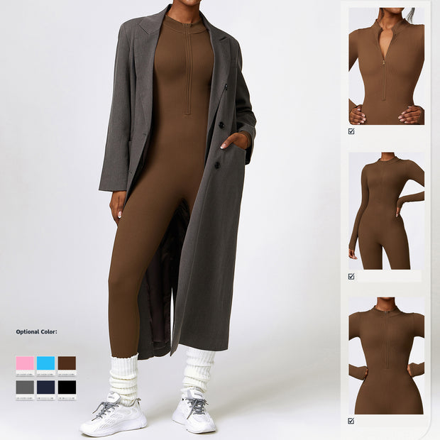 Tight long-sleeved yoga jumpsuit zipper abdominal high-intensity sports fitness clothing women - Modiniva LLC