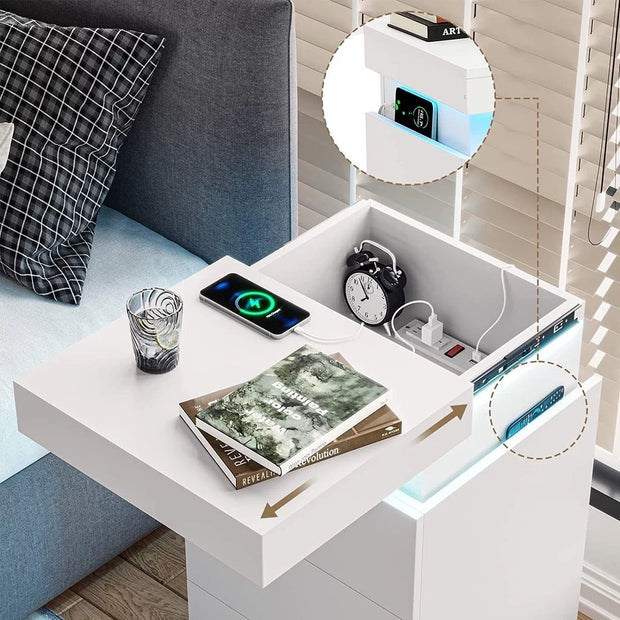 LED Nightstand with 3 Drawers , White Nightstand Bedside Bed - Modiniva LLC