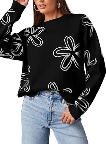 Women's casual crew neck long sleeve floral print coarse knit pullover sweater top - Modiniva LLC