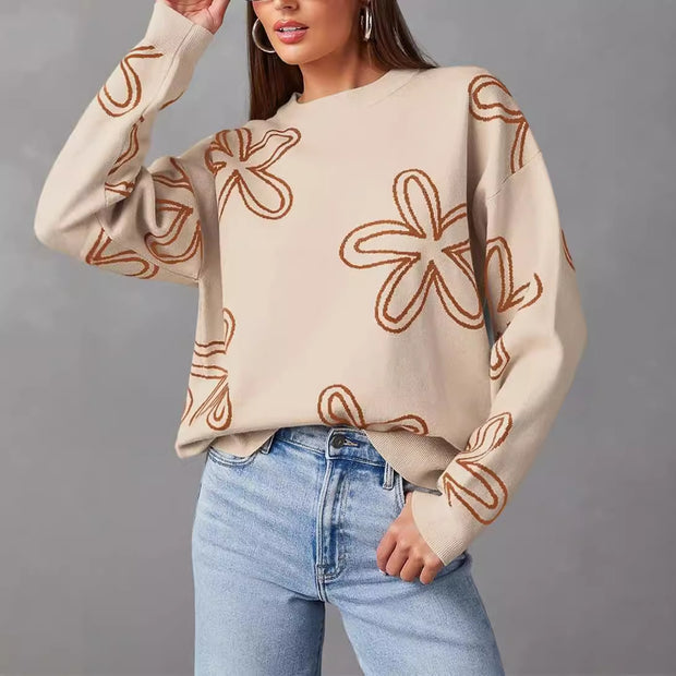 Women's casual crew neck long sleeve floral print coarse knit pullover sweater top - Modiniva LLC