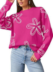 Women's casual crew neck long sleeve floral print coarse knit pullover sweater top - Modiniva LLC