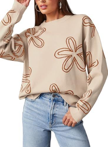 Women's casual crew neck long sleeve floral print coarse knit pullover sweater top - Modiniva LLC