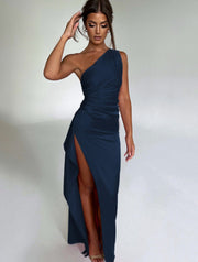 Elegant One-shoulder Backless Slit Summer Dress Blue Women clothing